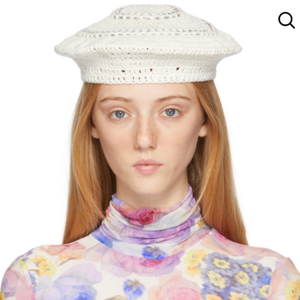 NEW GANNI Crochet Beret Hat Ivory Silver Disc Detail Women's One Size
